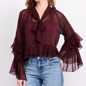Lucy Paris Burgundy Kyle V-Neck Long Sleeve Chiffon Ruffle Top
